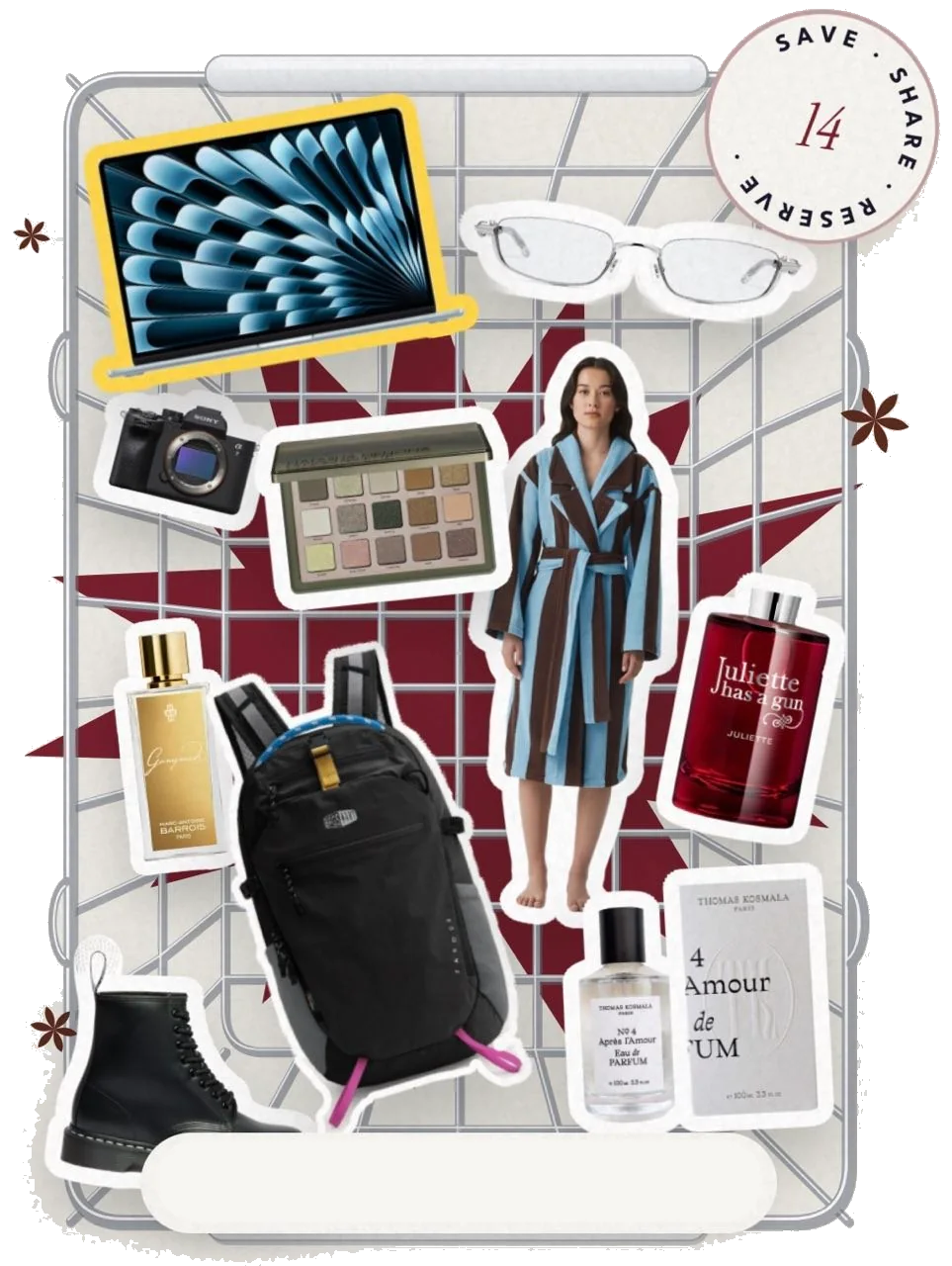 A wire basket full of cut-out wishes: a laptop, sunglasses, a camera, an eyeshadow palette, a striped robe, perfumes, a backpack and boots